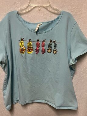 Light Blue Tee with Colorful Shoe Line Art Susan Lawrence Woman  3X